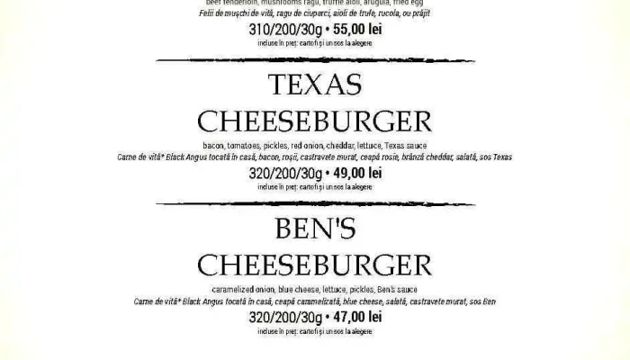 Benjamin Steakhouse Bar Meniu - Sibiu